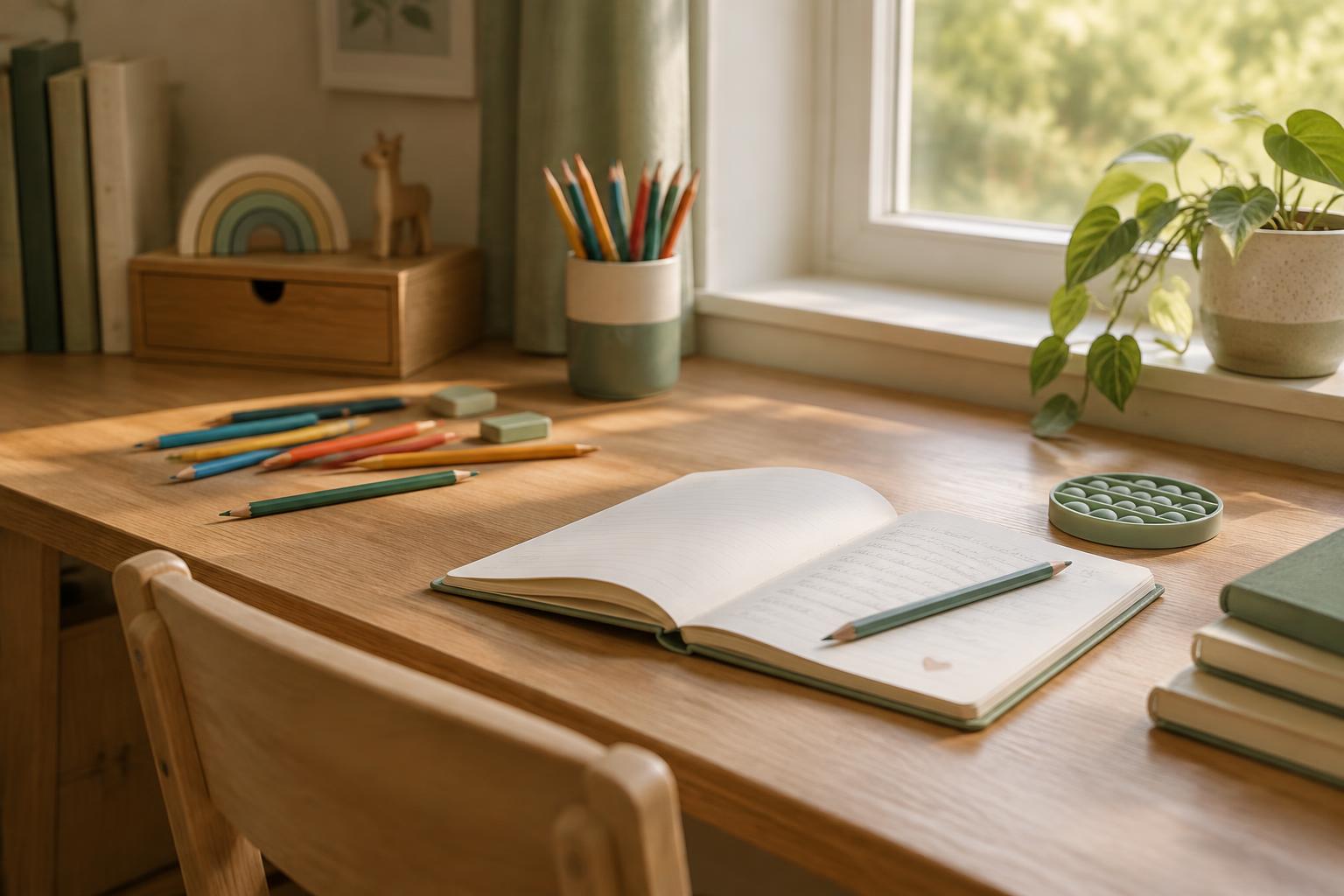 A child's wooden desk by a window with colored pencils and an open notebook