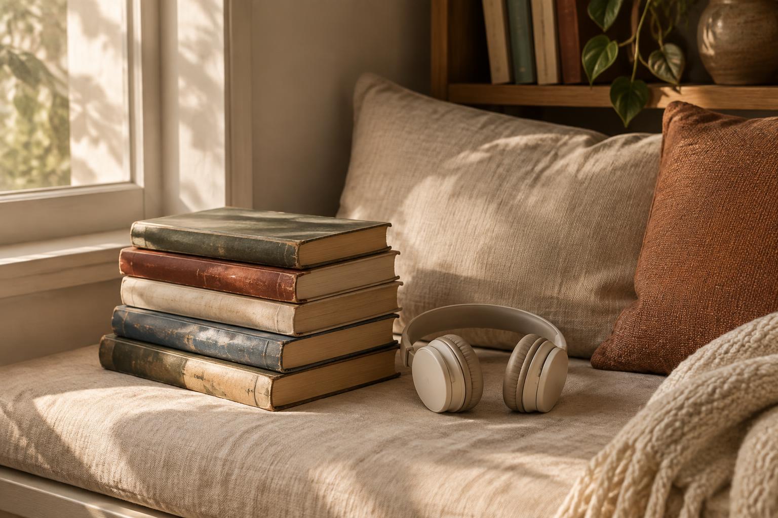 A stack of well-loved books and headphones on a linen cushion in a reading corner