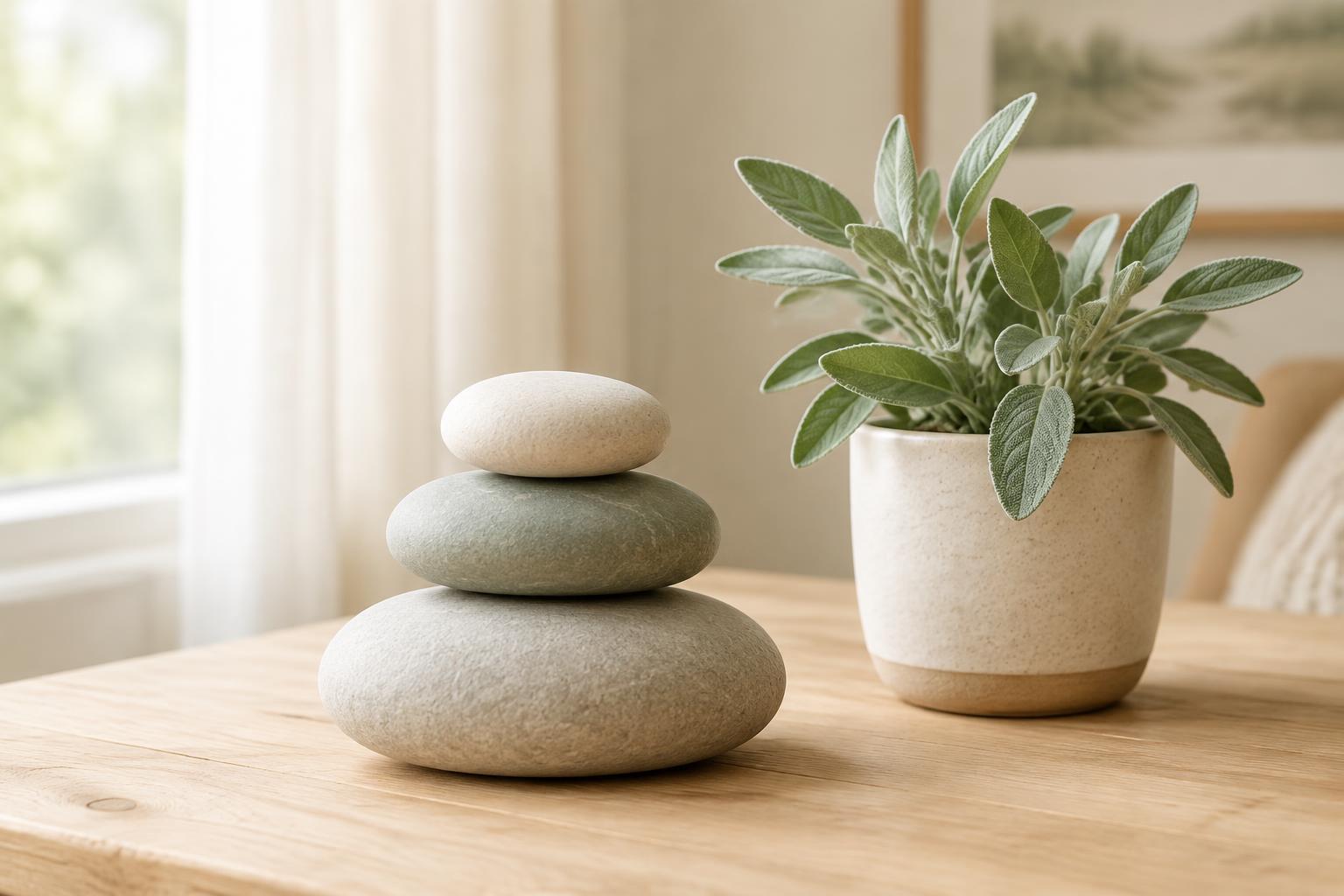 Three smooth stones stacked in increasing size beside a potted sage plant